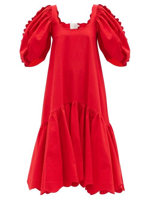 Matchesfashion.com Kika Vargas - Scalloped Puff-sleeve Cotton-blend Dress - Womens - Red