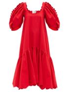 Matchesfashion.com Kika Vargas - Scalloped Puff-sleeve Cotton-blend Dress - Womens - Red