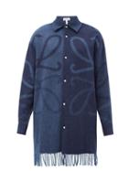 Matchesfashion.com Loewe - Anagram-jacquard Fringed Wool-blend Flannel Shirt - Mens - Navy