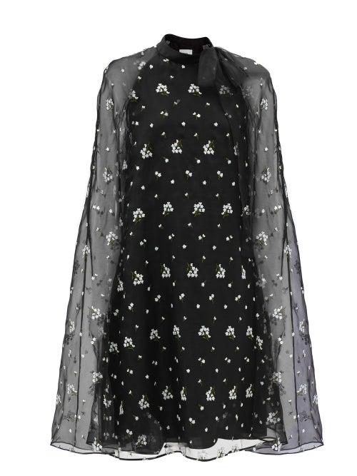 Erdem - Verdie Floral-embroidered Organza Cape Dress - Womens - Black Multi