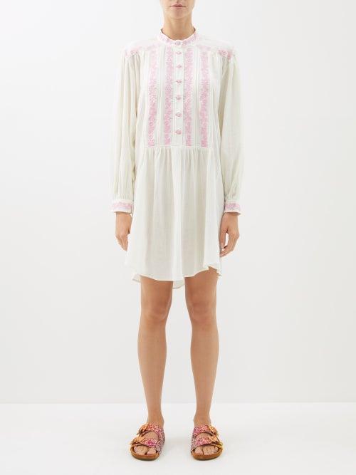 Isabel Marant Toile - Gena Embroidered Crinkled-cotton Mini Dress - Womens - White Pink
