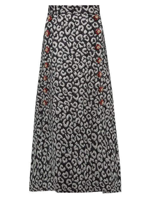 Matchesfashion.com Dolce & Gabbana - Leopard Brocade Crystal Button Midi Skirt - Womens - Silver Multi