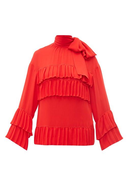 Matchesfashion.com Valentino - Tie Neck Ruffle Trimmed Silk Blouse - Womens - Red