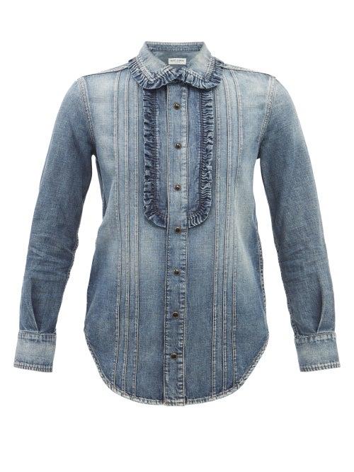 Saint Laurent - Frilled Cotton-denim Shirt - Womens - Denim