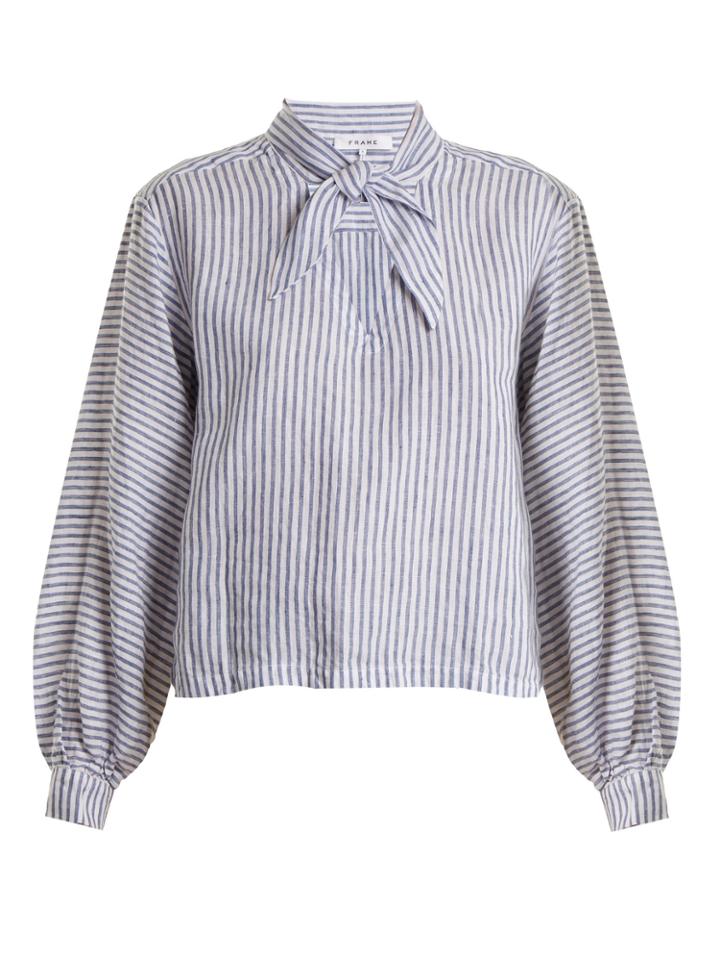 Frame Striped Tie-neck Linen Blouse
