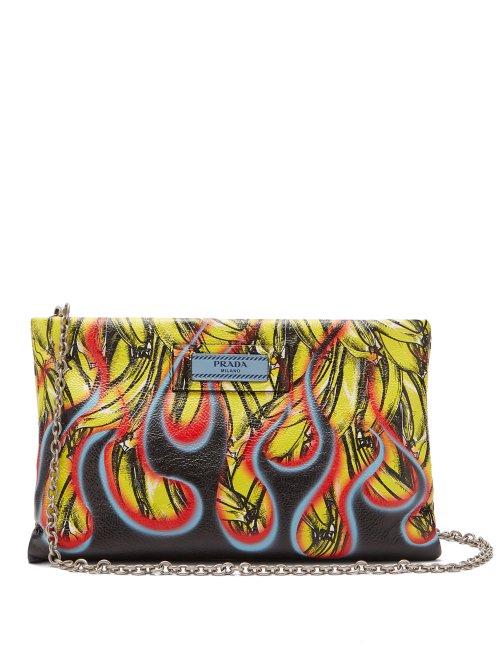 Matchesfashion.com Prada - Banana And Flames Print Leather Clutch - Womens - Yellow Multi