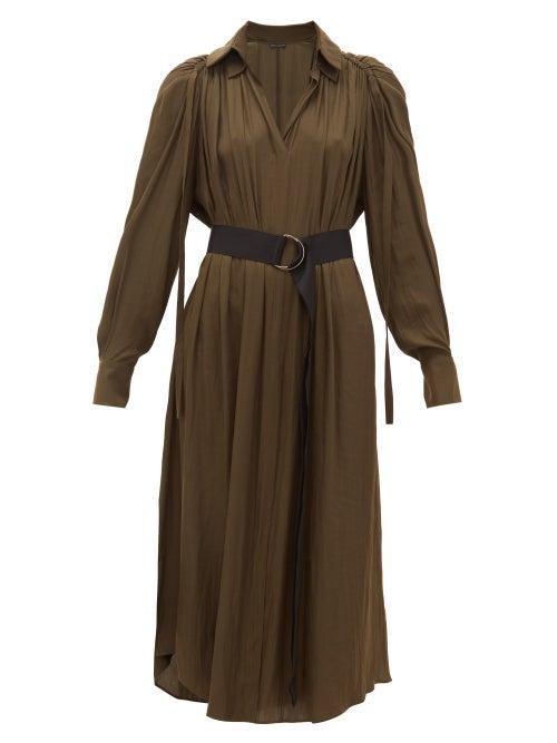 Matchesfashion.com Carl Kapp - Pheasant Ruched Shoulder Satin Faille Midi Dress - Womens - Khaki