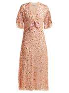 Matchesfashion.com Luisa Beccaria - Bow Trim Sequinned Chiffon Dress - Womens - Pink