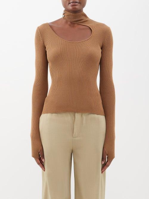 Petar Petrov - Fitz Cutout Ribbed-silk Top - Womens - Light Brown