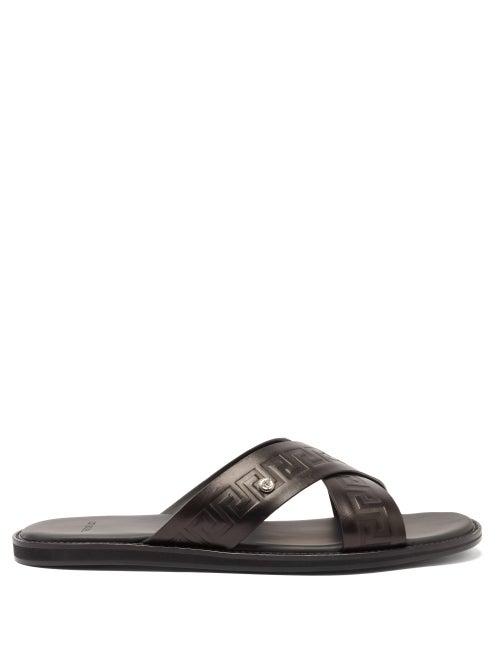 Matchesfashion.com Versace - Greca-embossed Cross-strap Leather Sandals - Mens - Black
