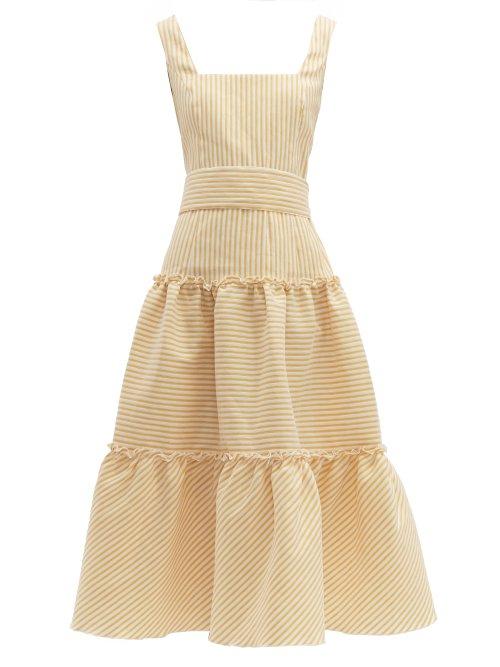 Matchesfashion.com Luisa Beccaria - Belted Tiered Linen Blend Midi Dress - Womens - Yellow