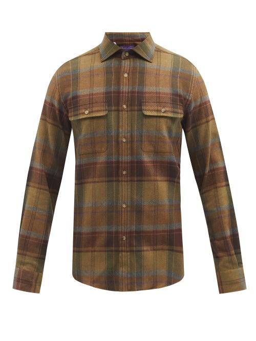 Mens Rtw Ralph Lauren Purple Label - Suede-trim Plaid Cotton-flannel Shirt - Mens - Brown Multi