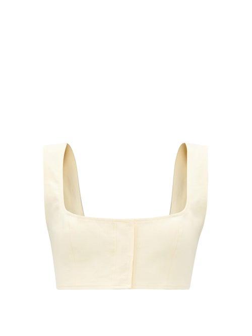 Le Kasha - Jirja Concealed Hook Linen Cropped Top - Womens - Light Yellow