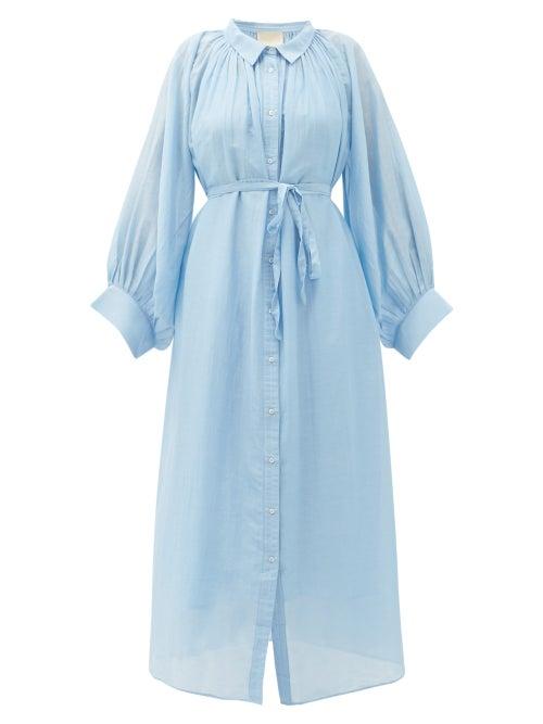Matchesfashion.com Anaak - Cleo Balloon-sleeve Cotton-blend Midi Shirt Dress - Womens - Light Blue