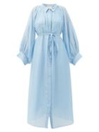 Matchesfashion.com Anaak - Cleo Balloon-sleeve Cotton-blend Midi Shirt Dress - Womens - Light Blue