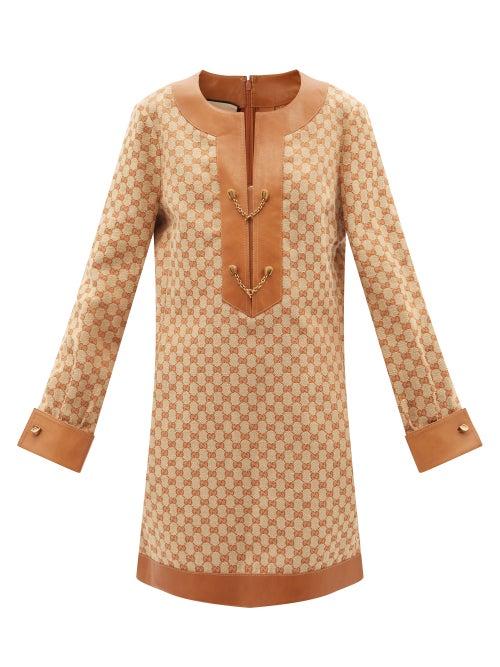 Gucci - Gg-monogram Leather-trim Linen-blend Dress - Womens - Beige
