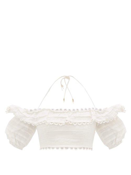 Matchesfashion.com Zimmermann - Allia Loop Lace Off The Shoulder Linen Cropped Top - Womens - White
