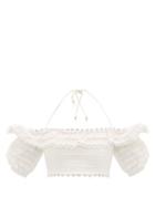 Matchesfashion.com Zimmermann - Allia Loop Lace Off The Shoulder Linen Cropped Top - Womens - White