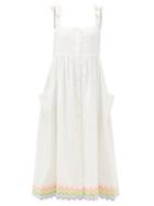 Juliet Dunn - Tie-shoulder Ric-rac Trim Cotton Midi Dress - Womens - White Multi