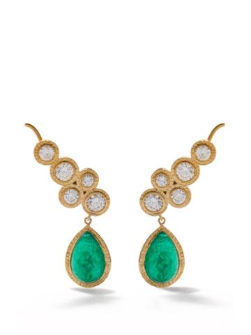 Octavia Elizabeth - Floating Diamond, Emerald & 18kt Gold Earrings - Womens - Green Gold