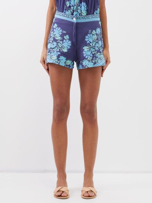 Juliet Dunn - High-rise Floral-print Cotton Shorts - Womens - Blue Multi