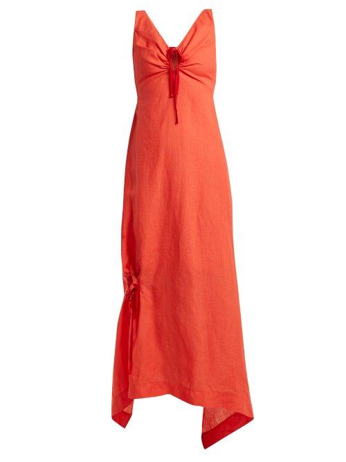 Matchesfashion.com Preen By Thornton Bregazzi - Felicity Drawstring Detailed Linen Dress - Womens - Red