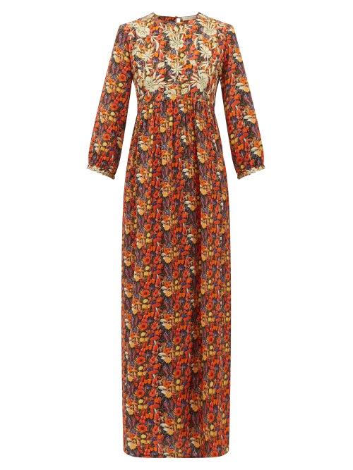 Matchesfashion.com Muzungu Sisters - Touba Embroidered Floral Print Silk Dress - Womens - Orange Multi