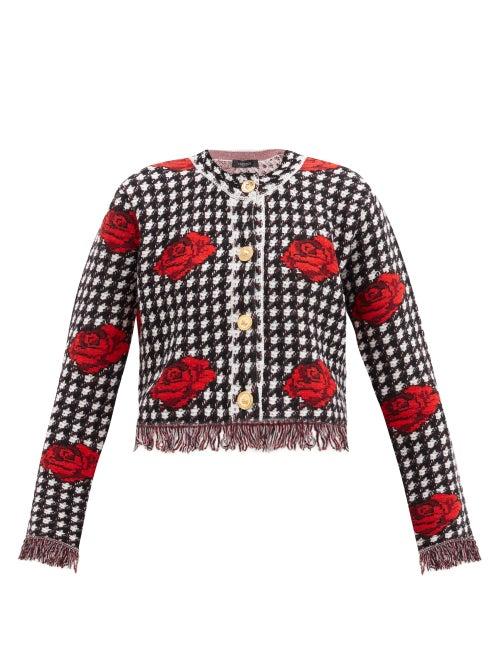 Matchesfashion.com Versace - Rose-jacquard Houndstooth Wool Cardigan - Womens - Black White