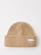 Ganni - Logo-patch Ribbed-knit Beanie Hat - Womens - Beige