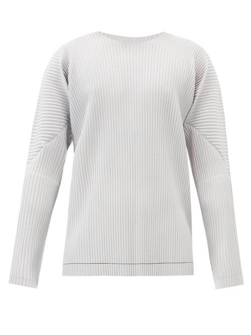 Matchesfashion.com Homme Pliss Issey Miyake - Brush-print Pleated-jersey Long-sleeved T-shirt - Mens - Light Grey