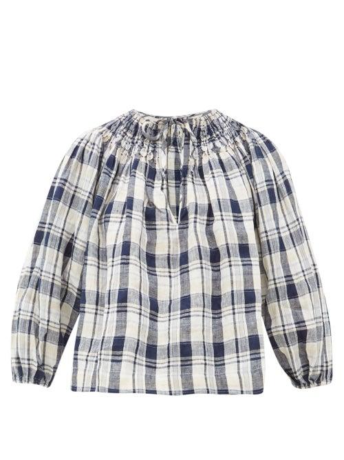Matchesfashion.com Innika Choo - Hope Filhorts Smocked Gingham Blouse - Womens - Navy Multi