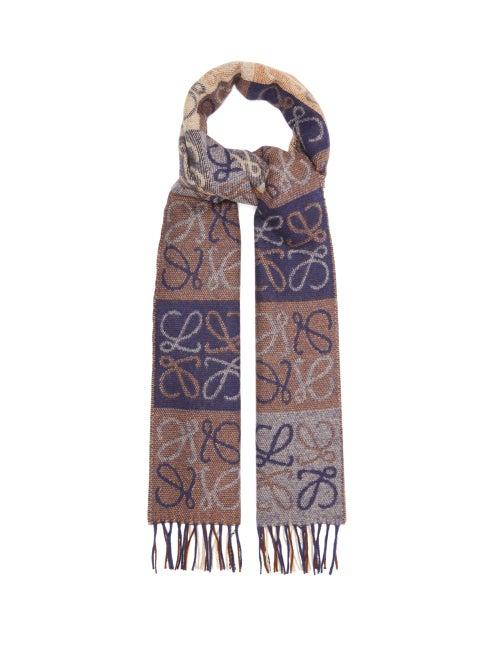 Ladies Accessories Loewe - Anagram-jacquard Wool-blend Scarf - Womens - Navy Multi