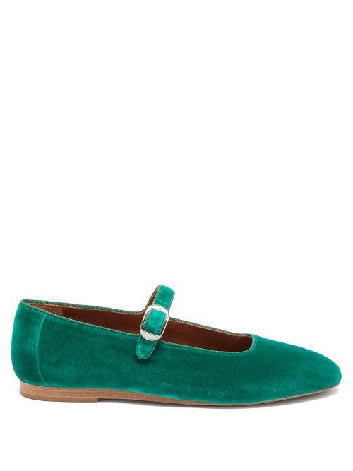 Le Monde Beryl - Mary Jane Velvet Ballet Flats - Womens - Dark Green