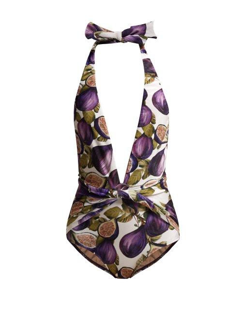 Matchesfashion.com Adriana Degreas - Fig Print Halterneck Swimsuit - Womens - Purple Print