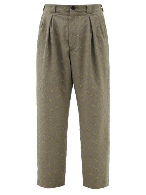 Sasquatchfabrix. - Floral-embroidered Cropped Cotton-canvas Trousers - Mens - Khaki Green