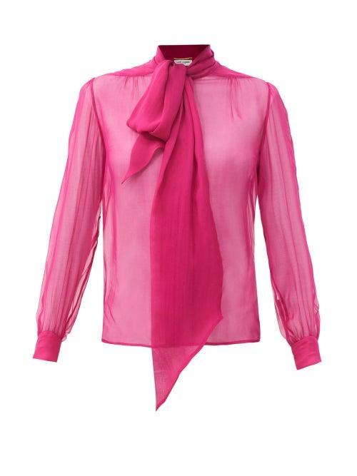 Matchesfashion.com Saint Laurent - Tie-neck Silk-georgette Blouse - Womens - Pink