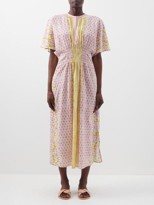 D'ascoli - Clotilde Block-print Cotton-khadi Midi Dress - Womens - Pink Yellow