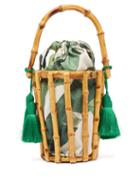 Matchesfashion.com Glorinha Paranagua - Lineia Leaf Print Canvas And Bamboo Cage Bag - Womens - Green Multi