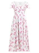 Matchesfashion.com Gl Hrgel - Poppy Print Cap Sleeved Linen Midi Dress - Womens - Pink White
