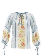 Ladies Beachwear D'ascoli - Alina Tasselled Floral-print Silk-crepe Blouse - Womens - Blue