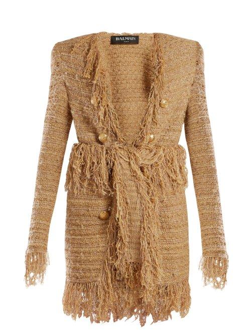 Matchesfashion.com Balmain - Fringed Tweed Cardigan - Womens - Beige