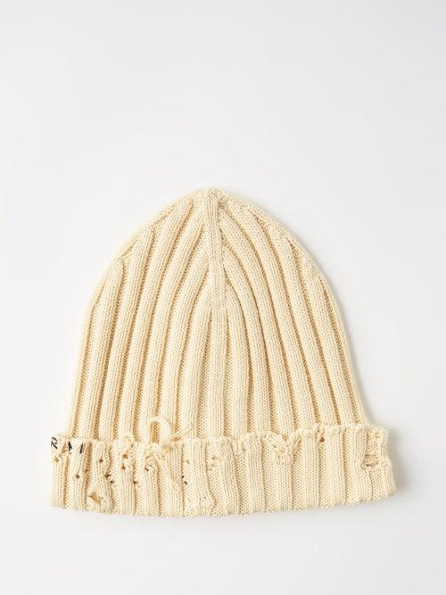 Marni - Frayed-edge Ribbed-cotton Beanie Hat - Mens - Cream