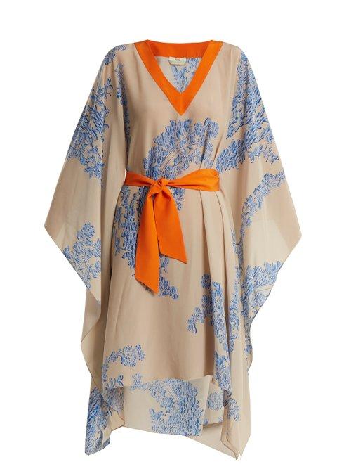 Matchesfashion.com Fendi - Ramage Floral Print Tie Waist Silk Crepe Kaftan - Womens - Blue Multi