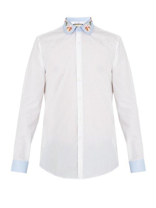Matchesfashion.com Gucci - Floral Embroidered Striped Cotton Shirt - Mens - White Multi