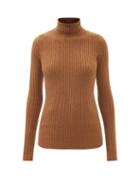 Saint Laurent - Ysl-plaque Roll-neck Ribbed Wool-blend Sweater - Womens - Camel