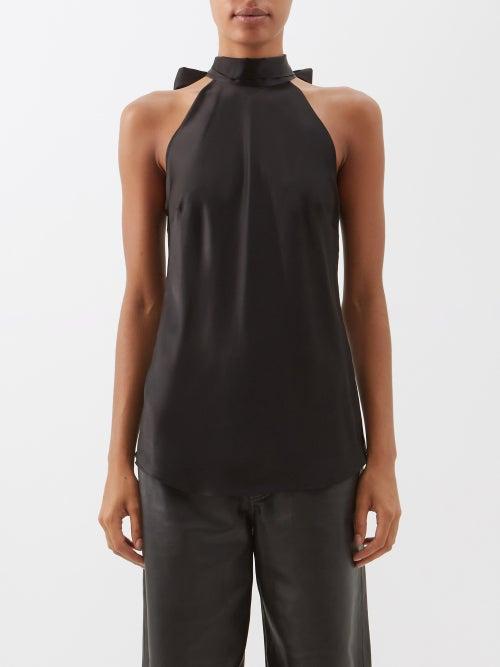 Frame - Bow-back Silk-satin Halterneck Top - Womens - Black