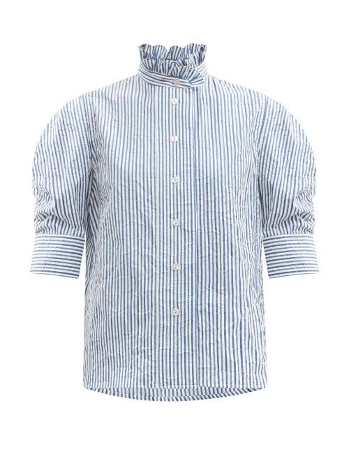Matchesfashion.com Thierry Colson - Vita Gigot-sleeve Striped Cotton Blouse - Womens - Blue White