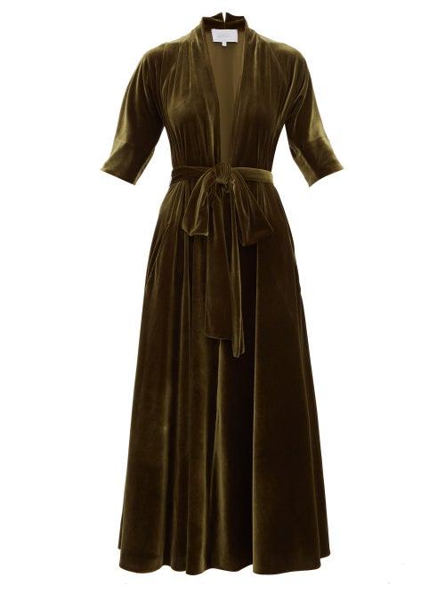Matchesfashion.com Luisa Beccaria - Plunge Neck Tie Waist Velvet Midi Dress - Womens - Dark Green