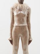 16arlington - Polaris Detachable Feather-scarf Sequinned Top - Womens - Beige