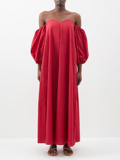 Bird & Knoll - Cruz Off-the-shoulder Cotton-poplin Maxi Dress - Womens - Dark Red
